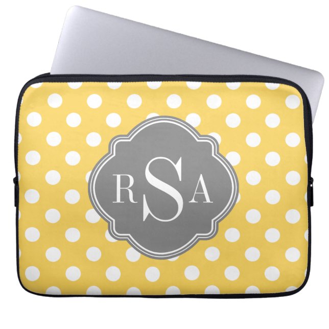 Personalised Monogram Yellow Polka Dots Pattern Laptop Sleeve (Front)