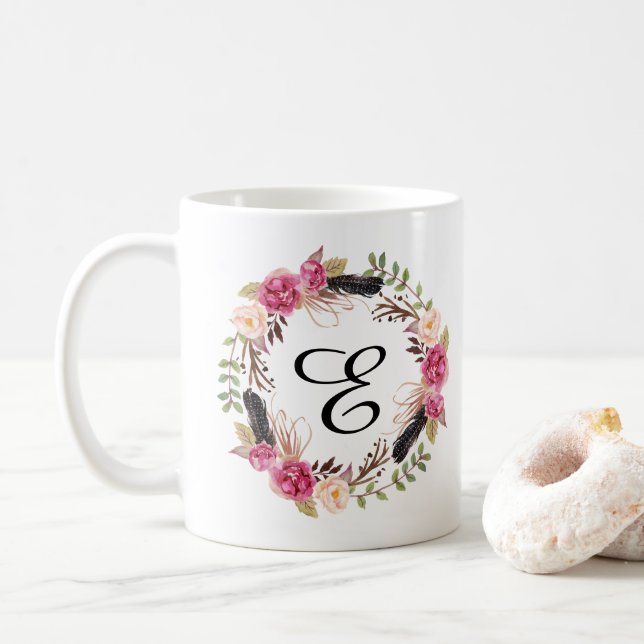 Personalised monogramed feather Bridesmaid Boho Coffee Mug (With Donut)