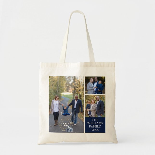 Personalised Monogrammed 3 Family Photo Collage Tote Bag (Front)