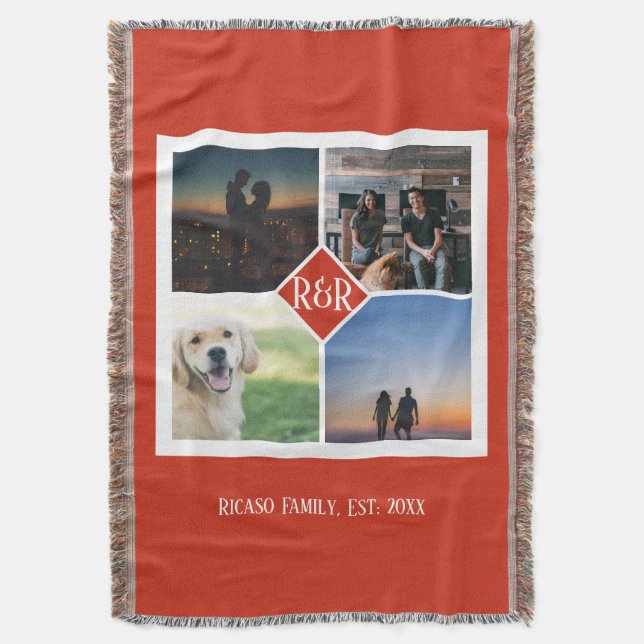 Personalised Monogrammed 4 Photo Collage Throw Blanket (Front Vertical)