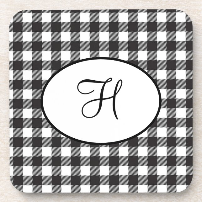 Personalised Monogrammed Black and White Plaid Coaster (Front)