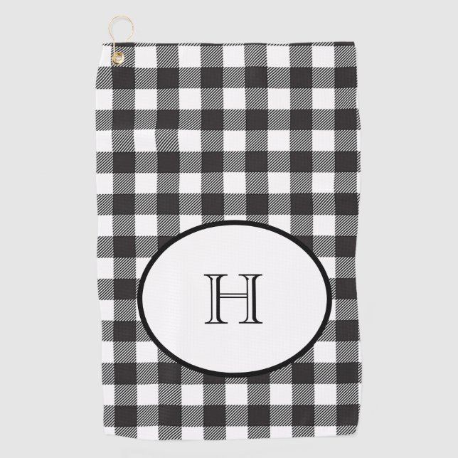 Personalised Monogrammed Black and White Plaid Golf Towel (Front)
