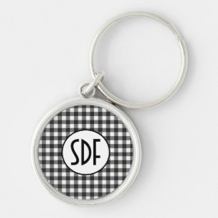Personalised Monogrammed Black and White Plaid Key Ring