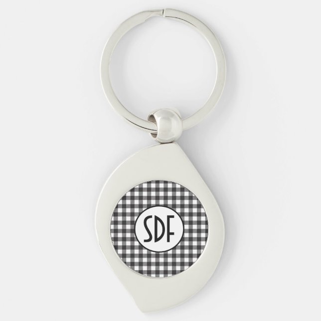 Personalised Monogrammed Black and White Plaid Key Ring (Front)