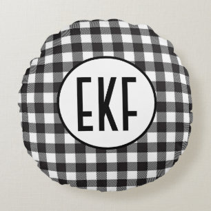 Personalised Monogrammed Black and White Plaid Round Cushion