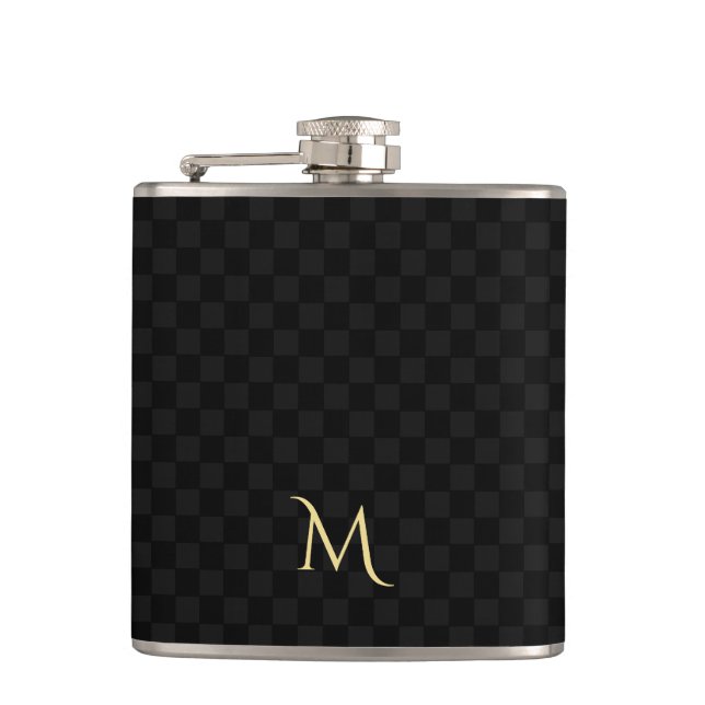 Personalised Monogrammed Black Check Pattern Flask (Front)