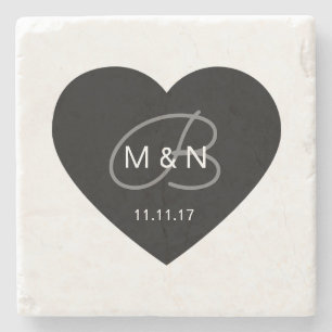 Personalised Monogrammed Black Heart Wedding Favou Stone Coaster
