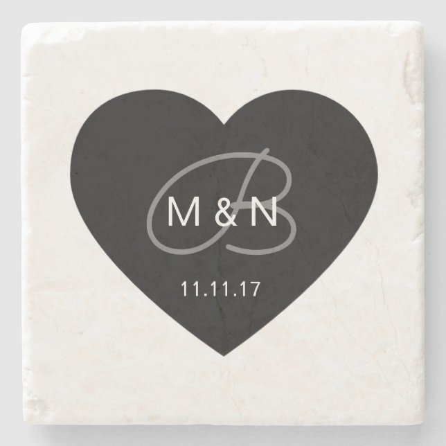 Personalised Monogrammed Black Heart Wedding Favou Stone Coaster (Front)