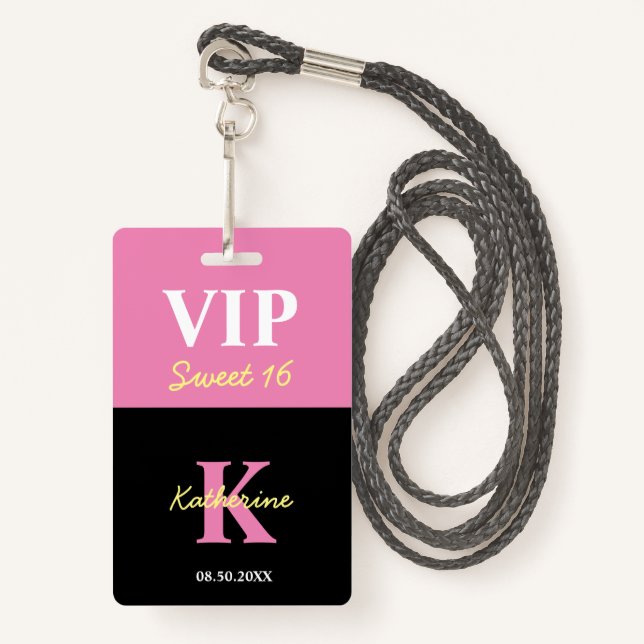 Personalised Monogrammed Black Modern Sweet 16 VIP ID Badge (Front with Lanyard)