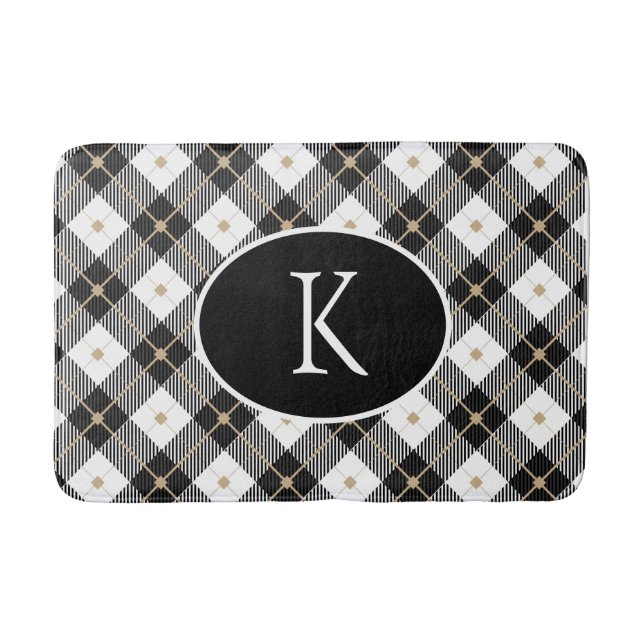 Personalised Monogrammed Black White Gold Plaid Bath Mat (Front)