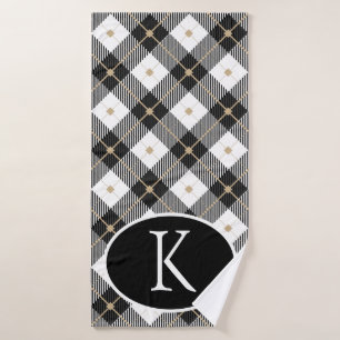Personalised Monogrammed Black White Gold Plaid Bath Towel