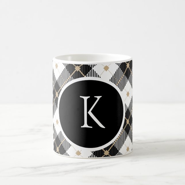 Personalised Monogrammed Black White Gold Plaid Coffee Mug (Center)