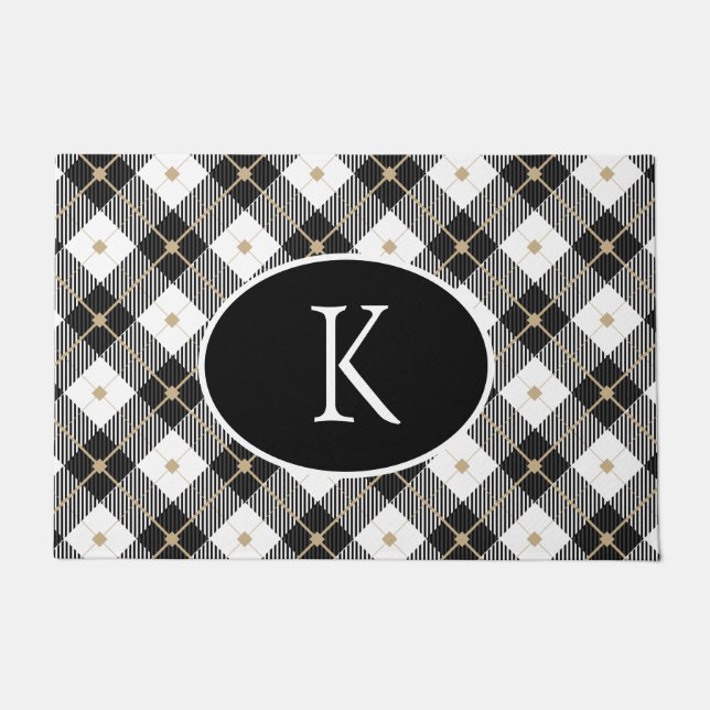 Personalised Monogrammed Black White Gold Plaid Doormat (Front)