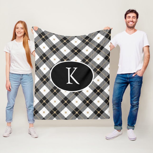 Personalised Monogrammed Black White Gold Plaid Fleece Blanket (In Situ)