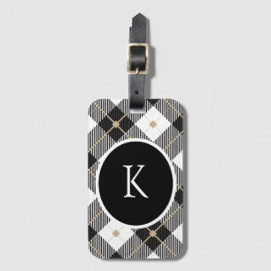 Personalised Monogrammed Black White Gold Plaid Luggage Tag