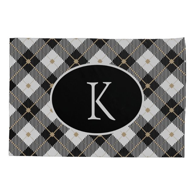 Personalised Monogrammed Black White Gold Plaid Pillowcase (Back)
