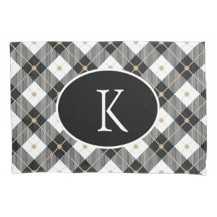 Personalised Monogrammed Black White Gold Plaid Pillowcase