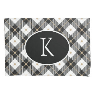 Personalised Monogrammed Black White Gold Plaid Pillowcase