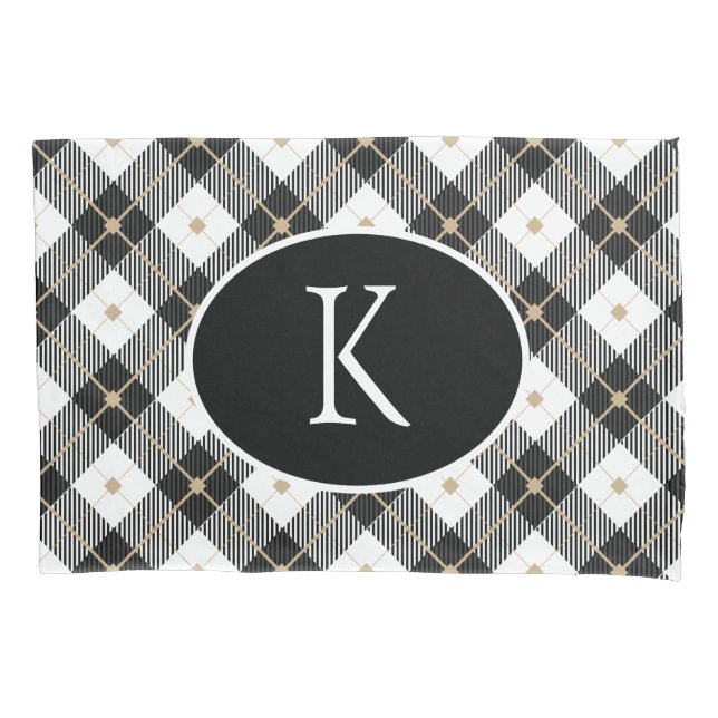 Personalised Monogrammed Black White Gold Plaid Pillowcase (Front)