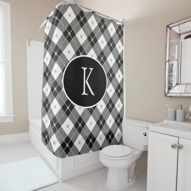 Personalised Monogrammed Black White Gold Plaid Shower Curtain (In Situ)