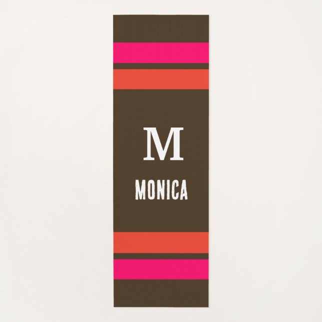 Personalised monogrammed Brown& Orange Stripes Yoga Mat (Front)