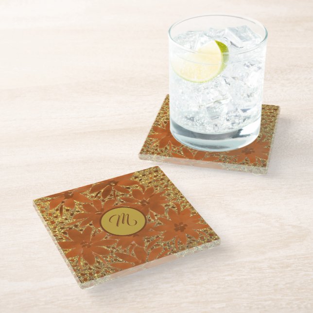 Personalised Monogrammed Gold Sparkle Glass Coaster (Angled)