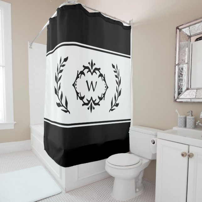 Personalised Monogrammed Initial Black and White Shower Curtain (In Situ)