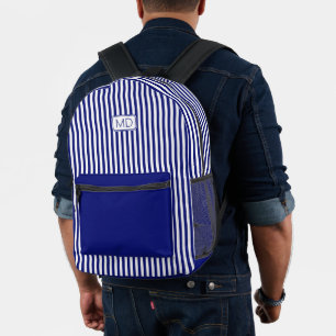 Personalised Monogrammed Modern Navy Blue Stripes Printed Backpack