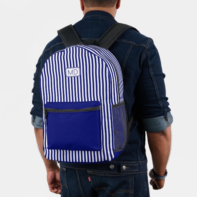 Personalised Monogrammed Modern Navy Blue Stripes Printed Backpack (Insitu (Model))