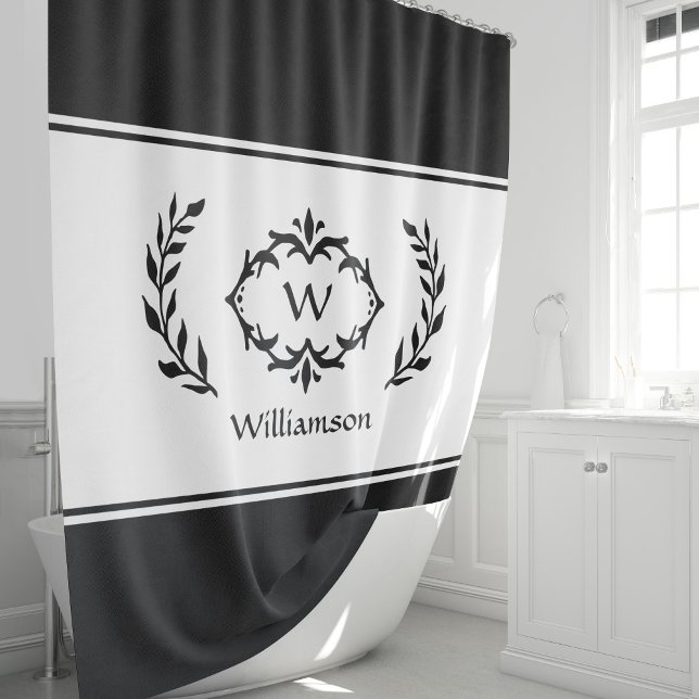 Personalised Monogrammed Name Initial Black White Shower Curtain (Stylish Personalized Monogrammed Name & Initial Black & White Laurel Wreath Shower Curtain)