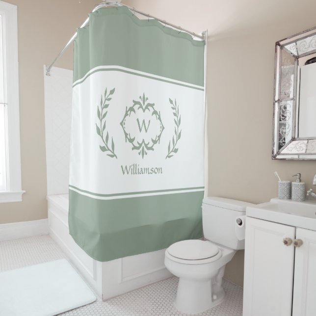 Personalised Monogrammed Name Initial Sage Green  Shower Curtain (In Situ)