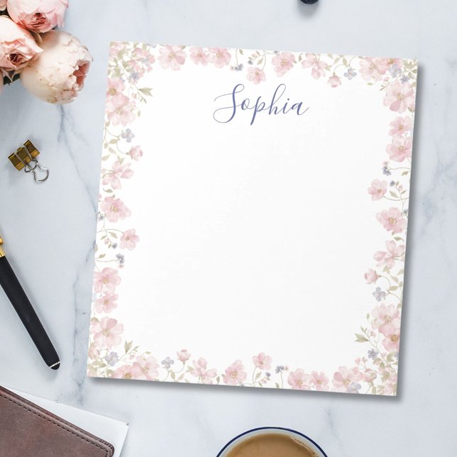 Personalised Monogrammed Pink Flowers Floral Notepad (In situ)