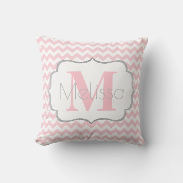 Personalised Monogrammed Pink Grey Chevron Girl Cushion (Front)