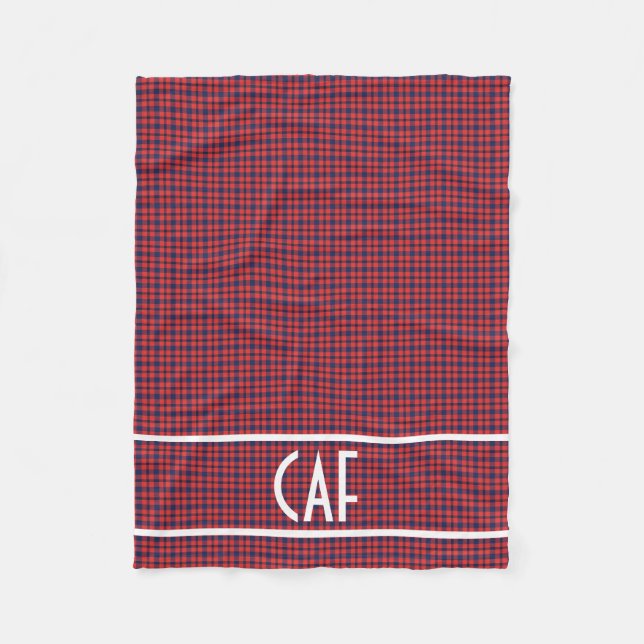 Personalised Monogrammed Red and Blue Plaid Fleece Blanket (Front)