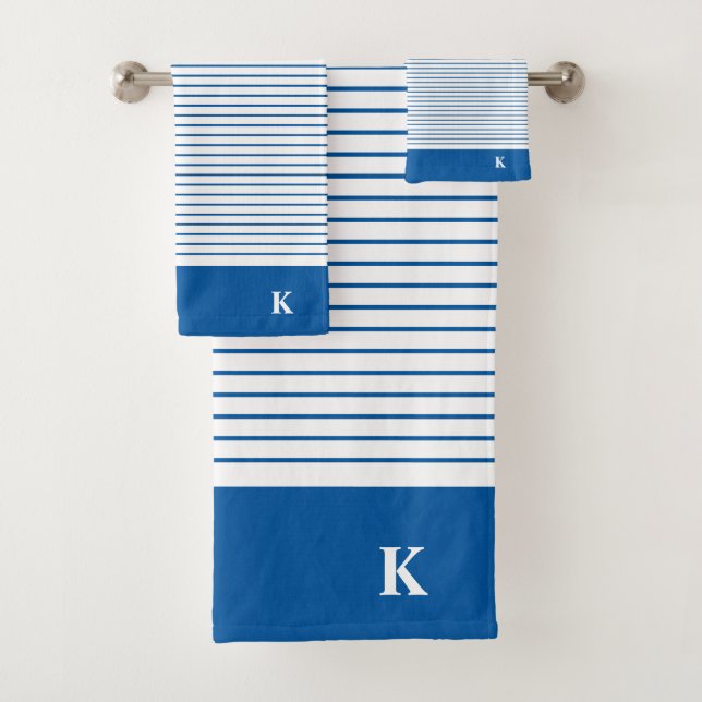 Personalised Monogrammed Royal Blue Striped Family Bath Towel Set (Insitu)
