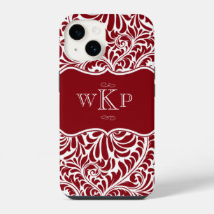 Personalised Monograms Cranberry Damask Pattern Ca iPhone 14 Case