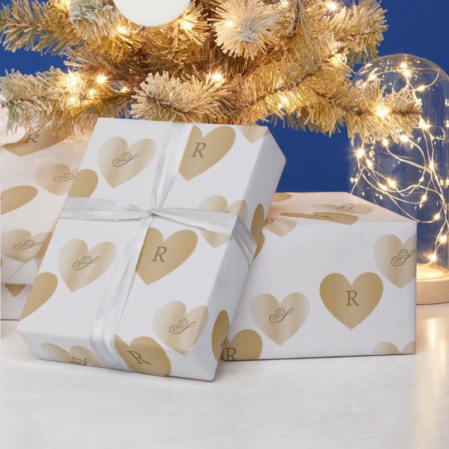 Personalised Monograms, Double the Golden Hearts  Wrapping Paper (Holidays)