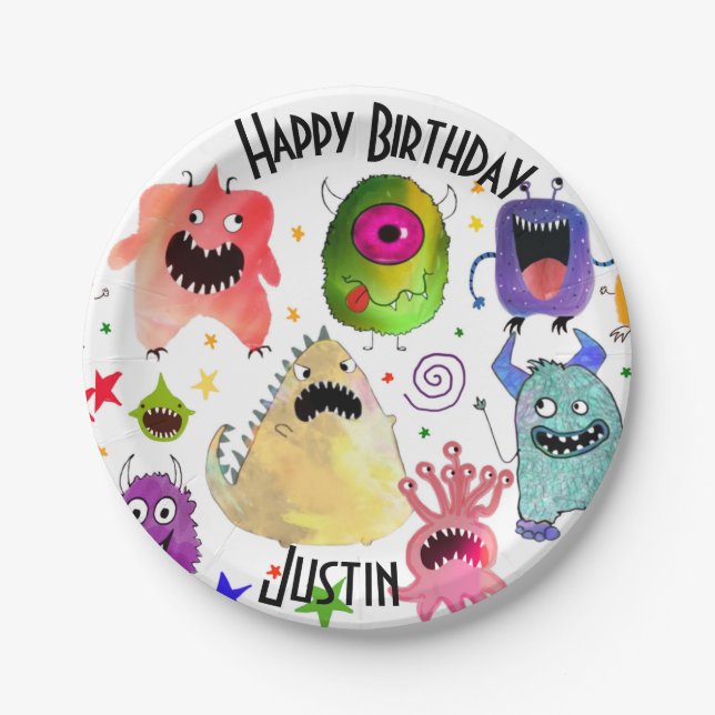 Personalised monster birthday paper plates (Front)