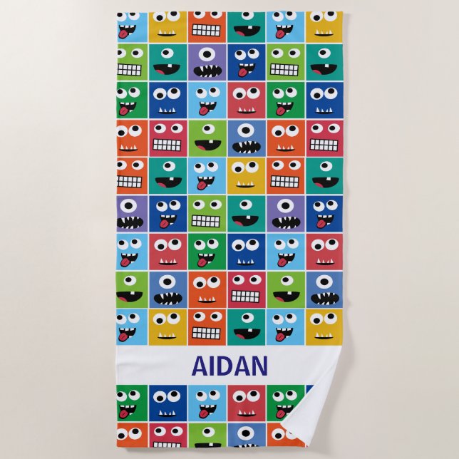 Personalised Monster Face Pattern Colourful Kids Beach Towel (Front)