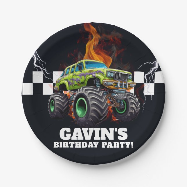 Personalised Monster Truck Birthday Party Paper Plate (Front)
