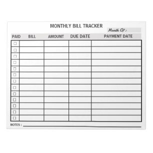 Personalised Monthly Bill Tracker Notepad