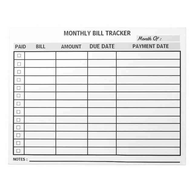 Personalised Monthly Bill Tracker Notepad (Front)