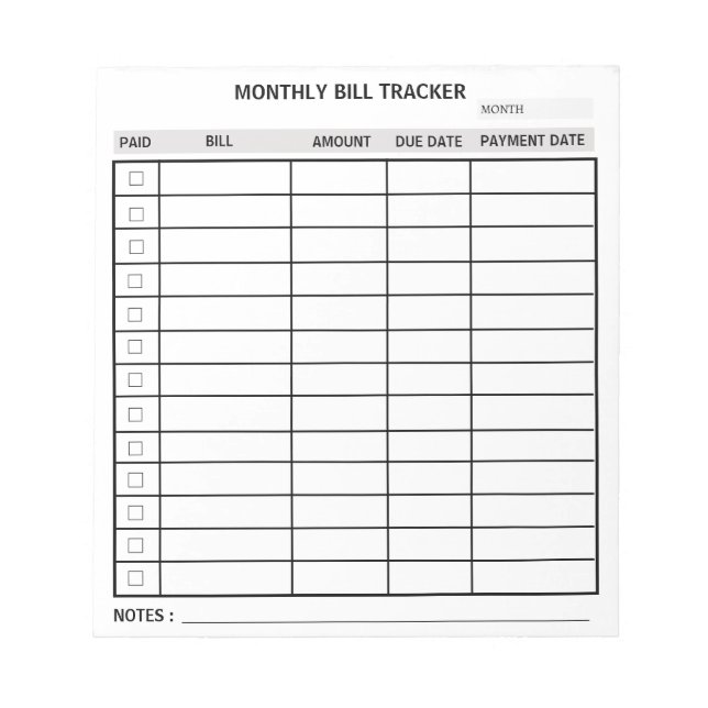Personalised Monthly Bill Tracker Notepad (Front)