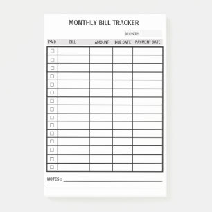 Personalised Monthly Bill Tracker Post-it Notes