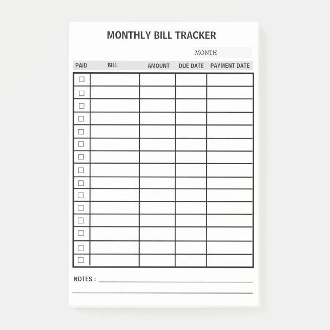 Personalised Monthly Bill Tracker Post-it Notes (Front)