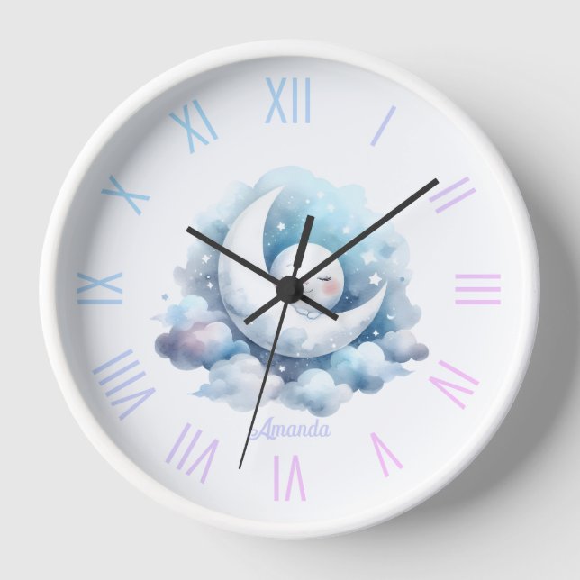 Personalised Moon and Clouds Baby Room Clock (Front)