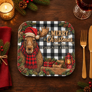 Personalised Moose Christmas Black and White Plaid Paper Plate