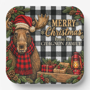 Personalised Moose Christmas Black and White Plaid Paper Plate