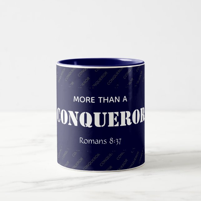 Personalised MORE THAN A CONQUEROR Christian Two-Tone Coffee Mug (Center)