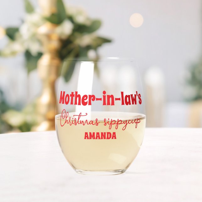Personalised Mother-in-law's Christmas Sippy Cup Stemless Wine Glass (Insitu (Wedding))